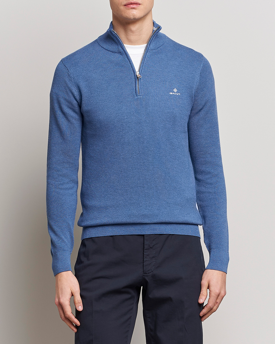 Herren | Pullover | GANT | Cotton Pique Half-Zip Sweater Denim Blue Melange