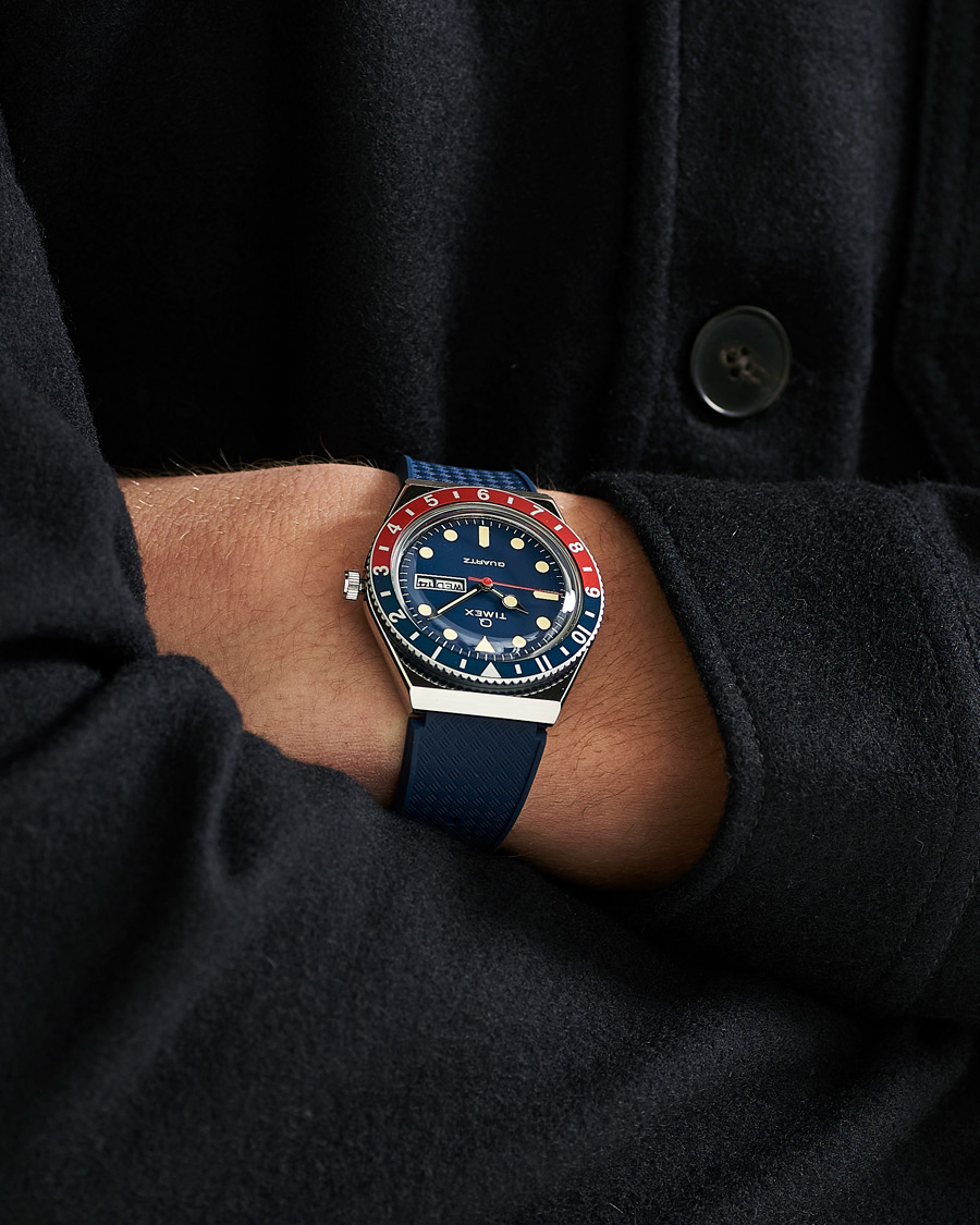 Herren | Timex Q Diver 38mm Rubber Strap Blue/Red | Timex | Q Diver 38mm Rubber Strap Blue/Red