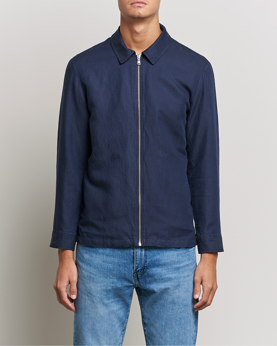 Herren | Jacken | J.Lindeberg | Jason Zip Linen Shirt Jacket Navy