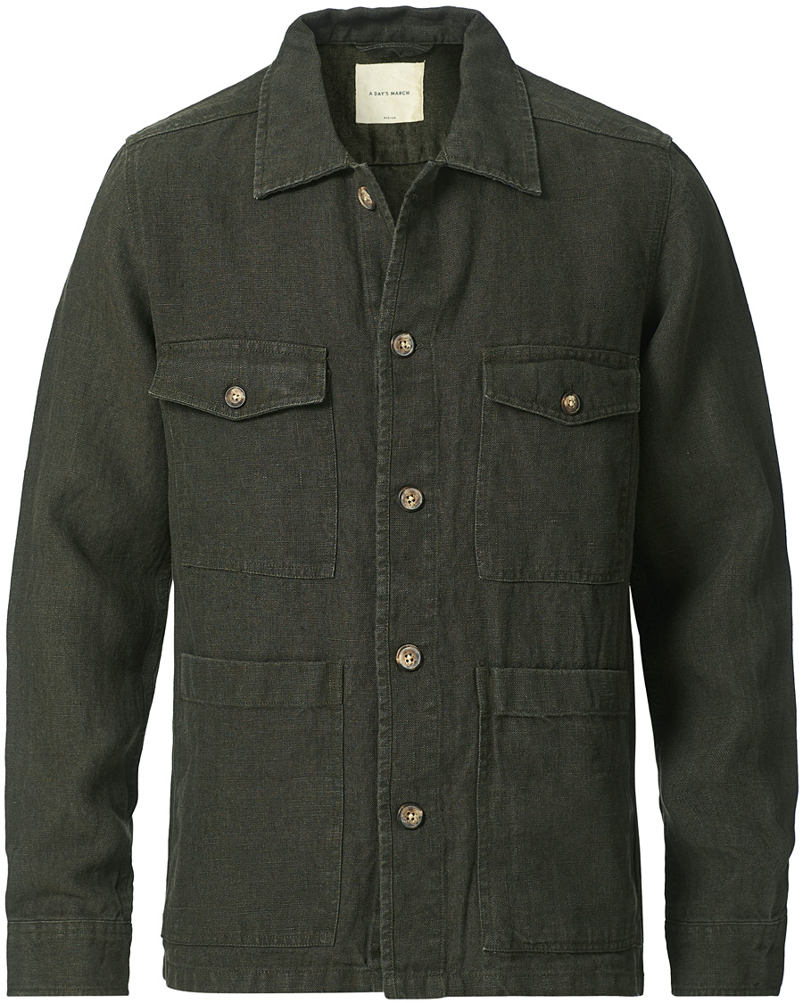 Herren | Hemden | A Day's March | Heavy Linen Patch Pocket Overshirt Olive