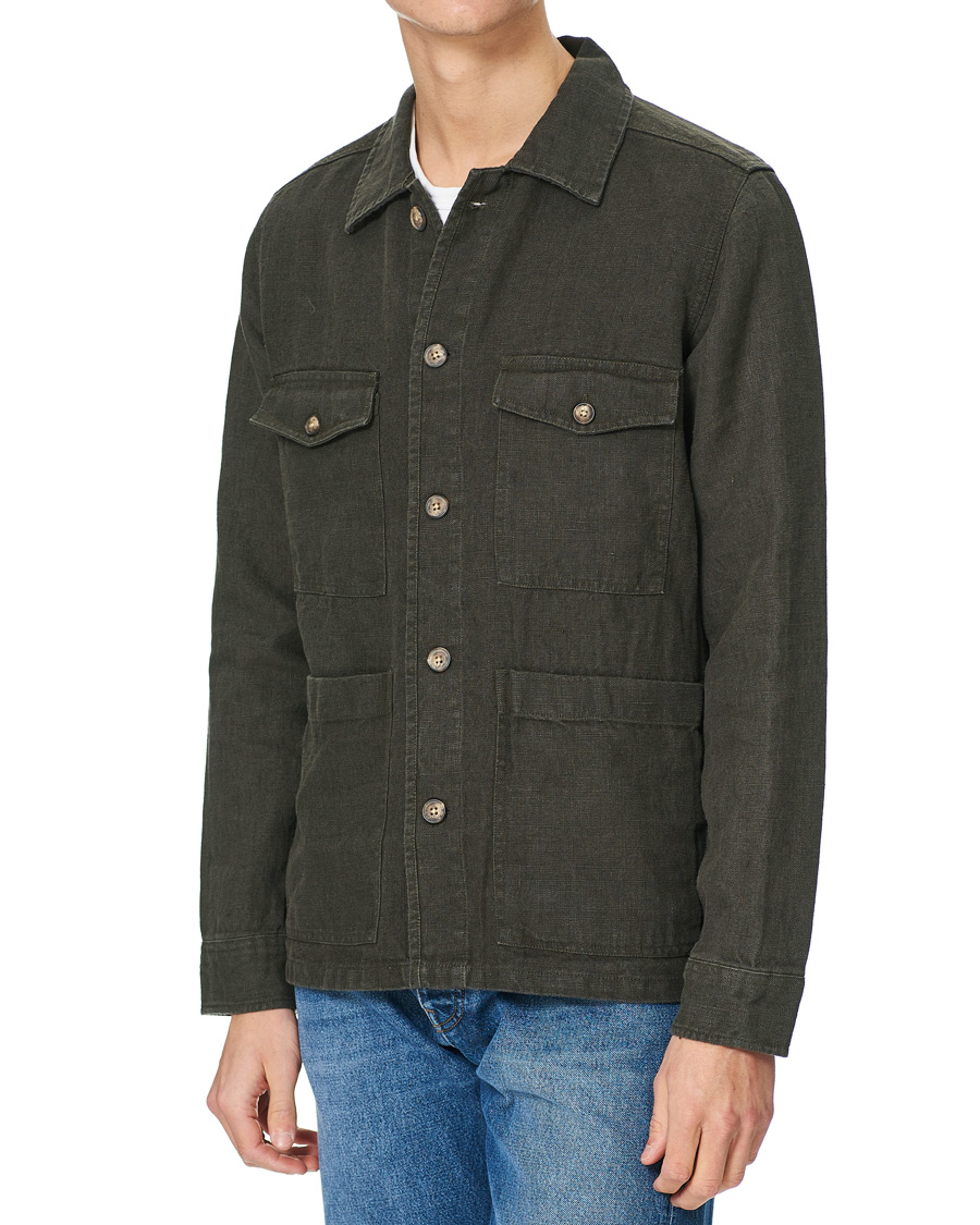 Herren | Hemden | A Day's March | Heavy Linen Patch Pocket Overshirt Olive
