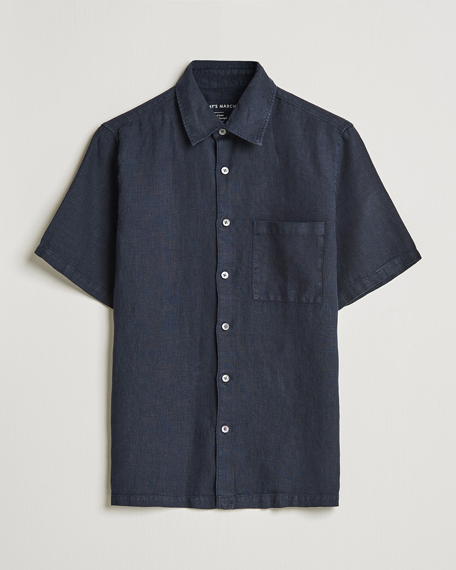 Herren | Hemden | A Day's March | Khito Short Sleeve Linen Shirt Dark Navy
