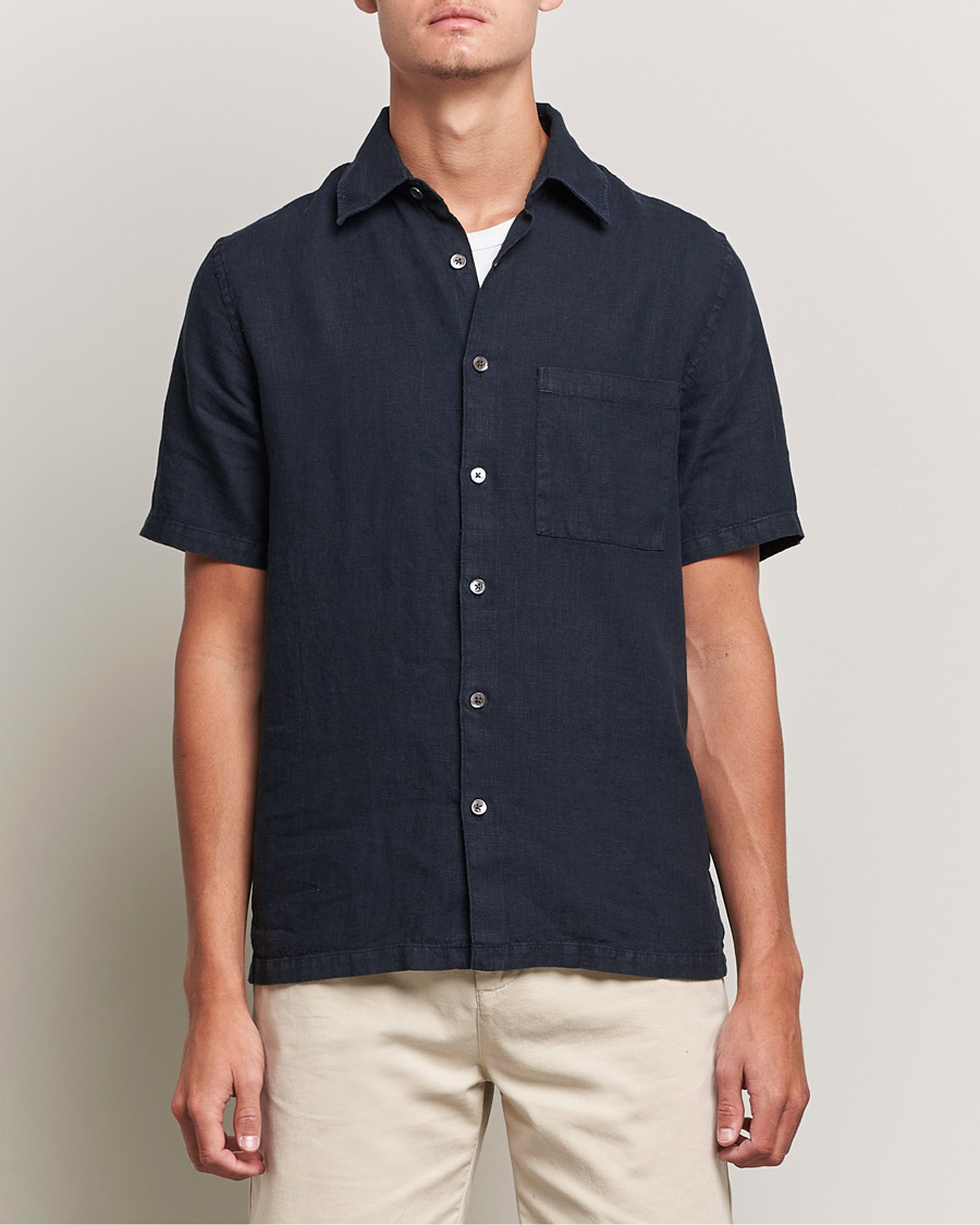 Herren | Hemden | A Day's March | Khito Short Sleeve Linen Shirt Dark Navy