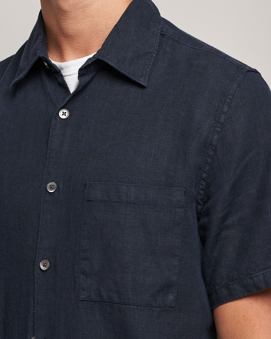 Herren | Hemden | A Day's March | Khito Short Sleeve Linen Shirt Dark Navy
