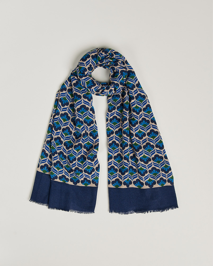 Herren | Altea Flower Print Wool Scarf Beige/Blue | Altea | Flower Print Wool Scarf Beige/Blue