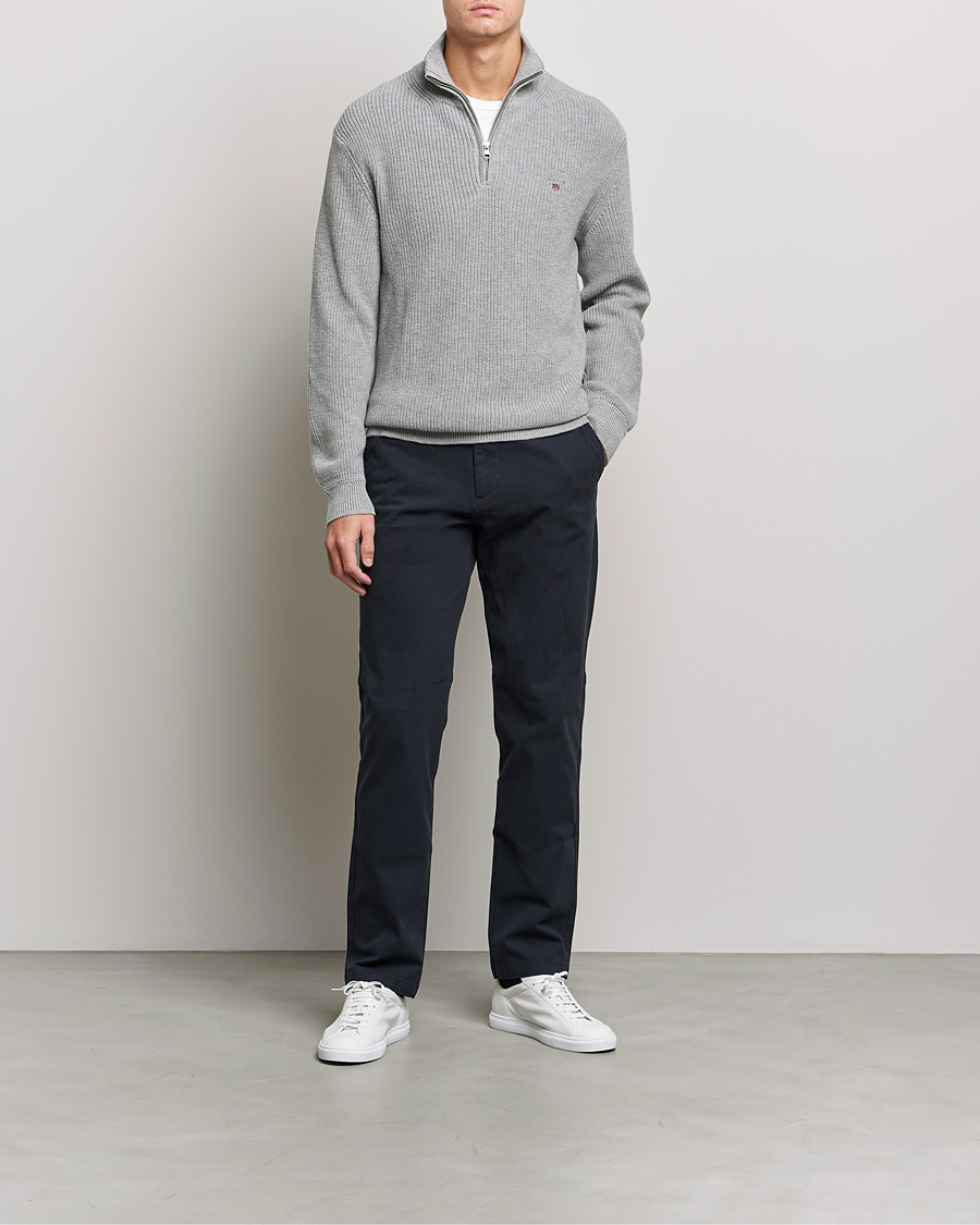Herren | Pullover | GANT | Cotton/Wool Ribbed Half Zip Sweater Grey Melange