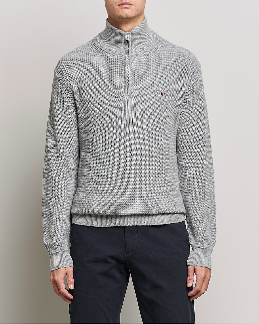 Herren | Pullover | GANT | Cotton/Wool Ribbed Half Zip Sweater Grey Melange