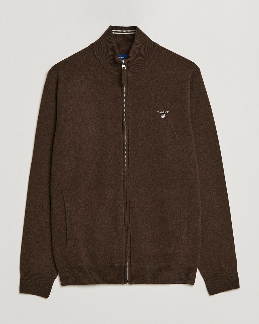 Herren | Pullover | GANT | Lambswool Full Zip Dark Brown Melange