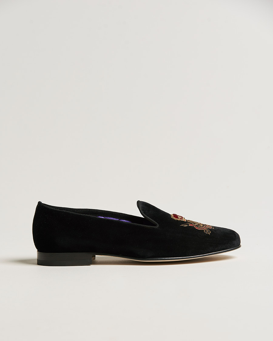 Herren | Ralph Lauren Purple Label Velvet Embroidered Slippers Black | Ralph Lauren Purple Label | Velvet Embroidered Slippers Black