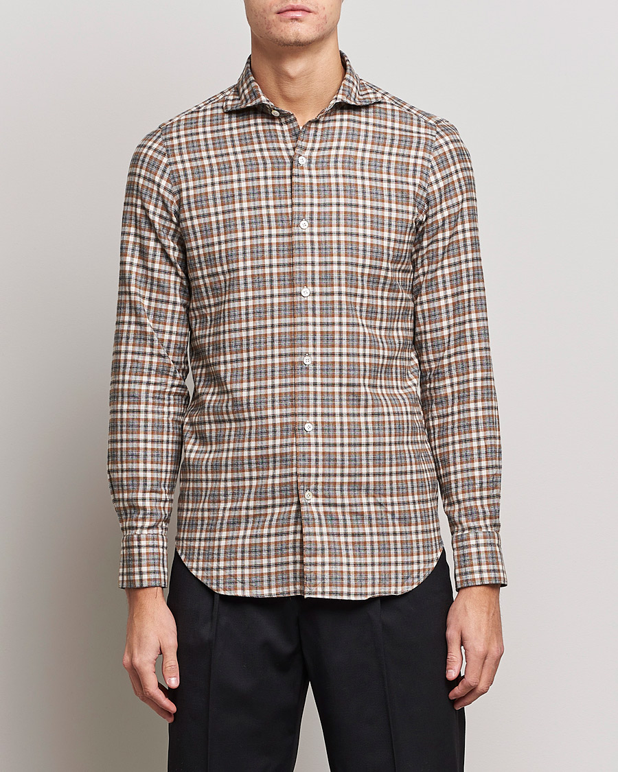 Herren | Hemden | Finamore Napoli | Tokyo Slim Light Flannel Shirt Brown Check