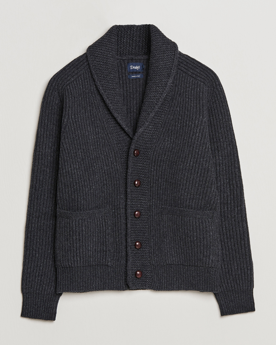 Herren | Pullover | Drake's | Lambswool 6-Ply Shawl Collar Cardigan Grey