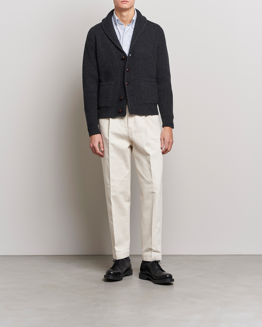 Herren | Pullover | Drake's | Lambswool 6-Ply Shawl Collar Cardigan Grey