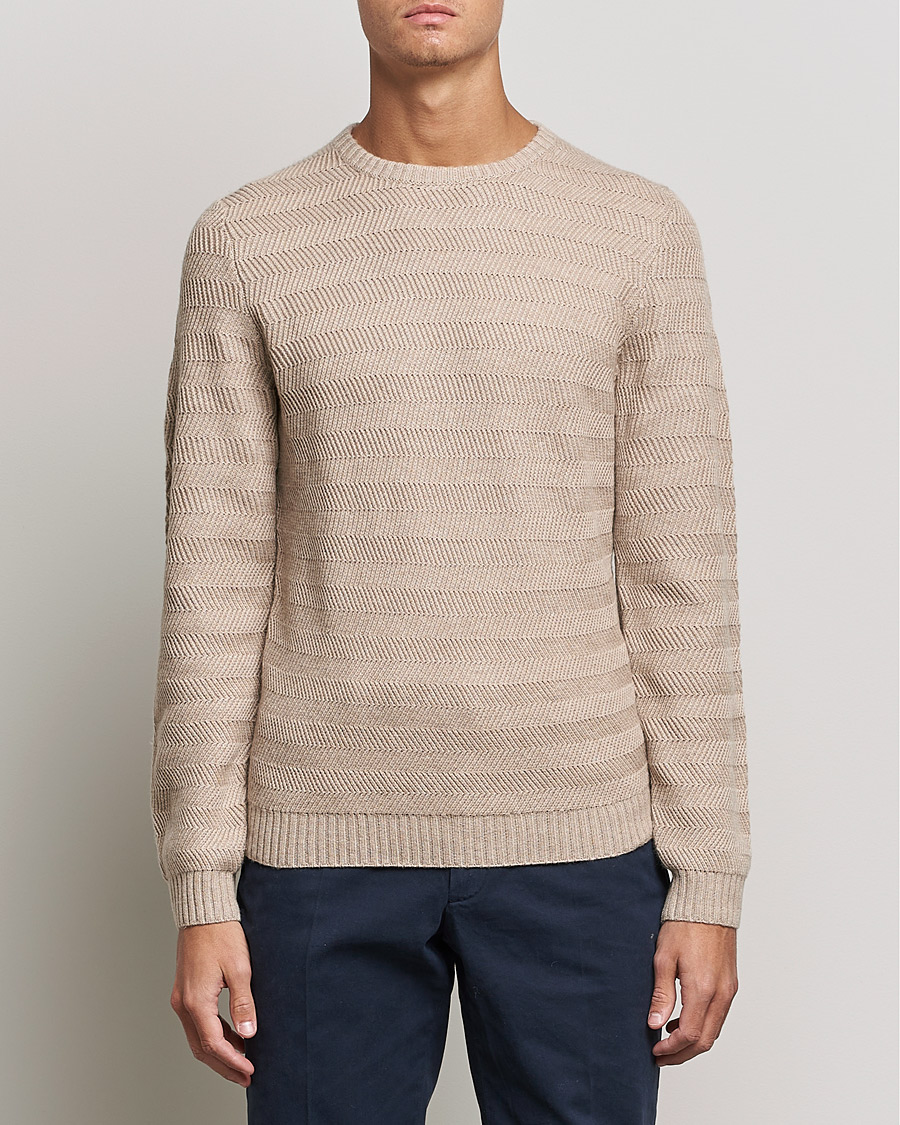 Herren | Pullover | Stenströms | Merino/Cashmere Herringbone Crew Neck Beige