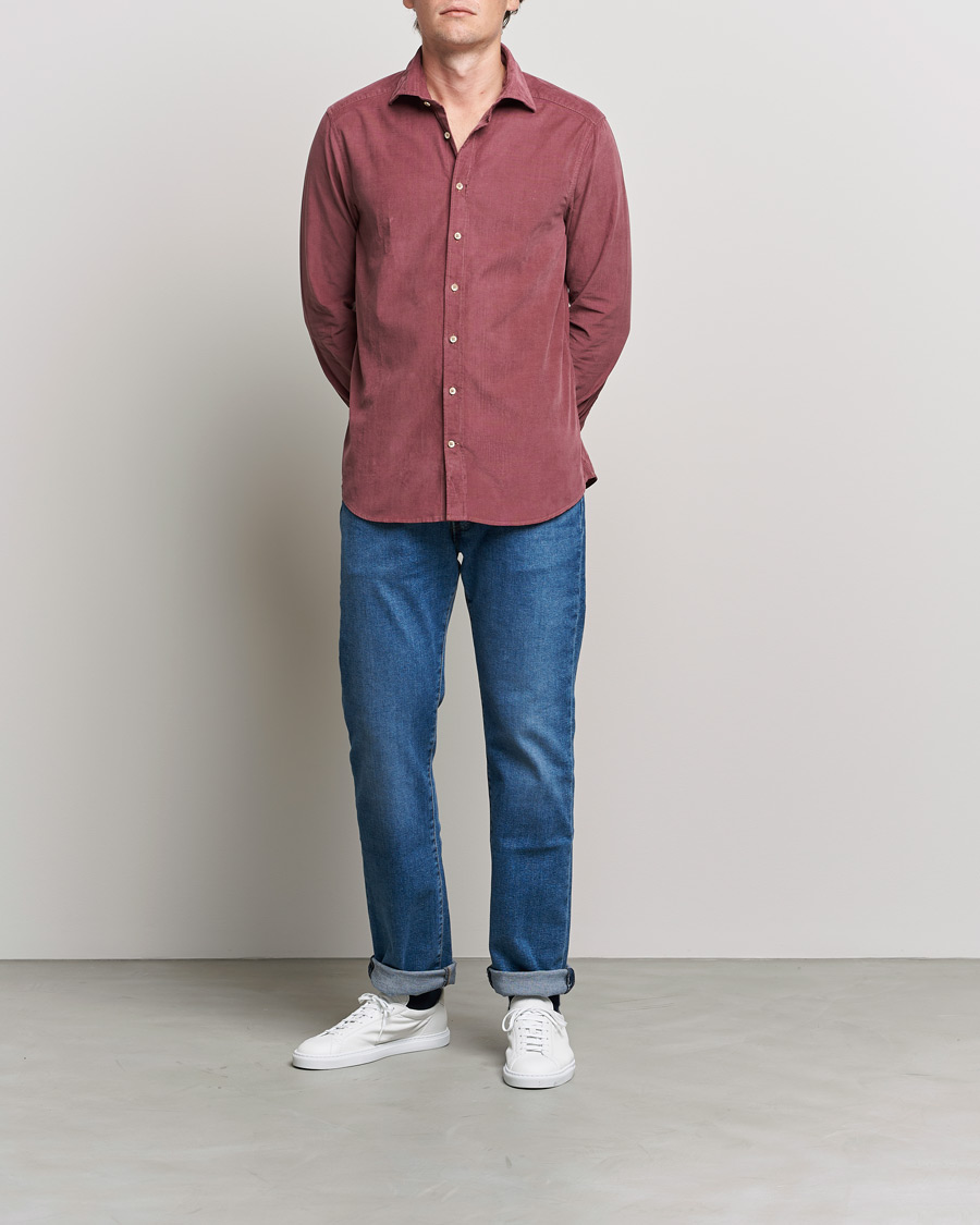 Herren | Hemden | Stenströms | Slimline Washed Cut Away Corduroy Shirt Wine Red