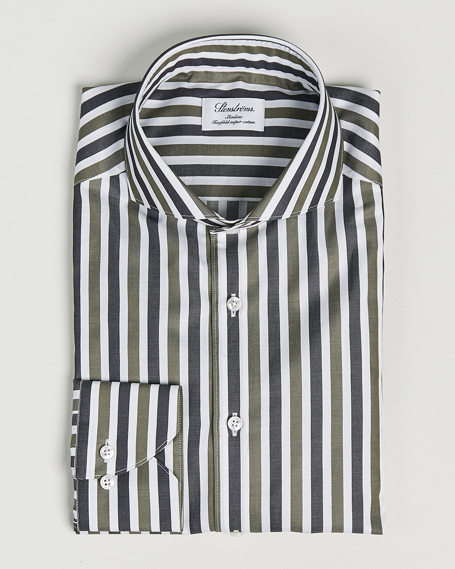 Herren | Hemden | Stenströms | Slimline Cut Away Wide Striped Shirt Blue/Green