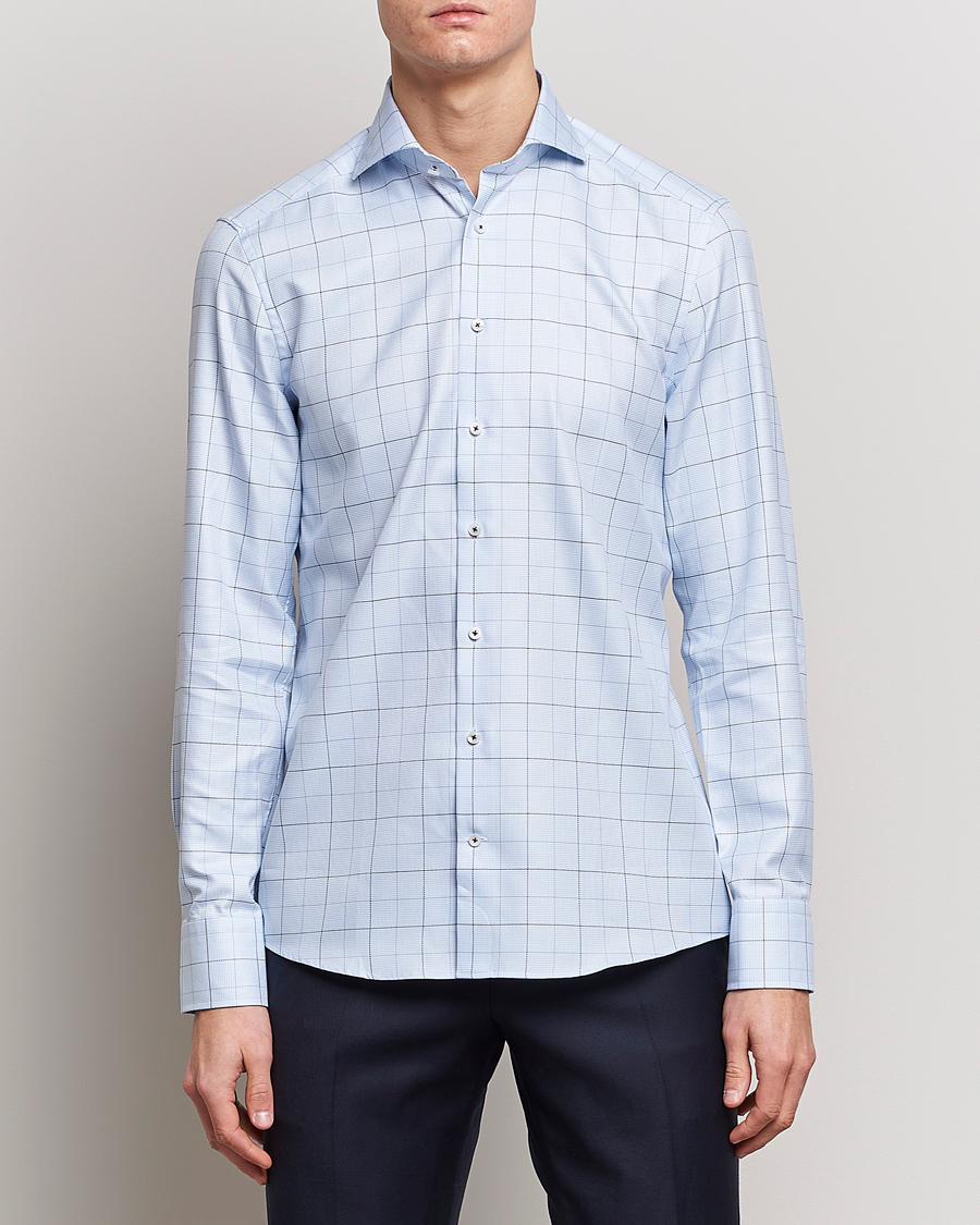 Herren | Hemden | Stenströms | Slimline Cut Away Windowpane Shirt Blue