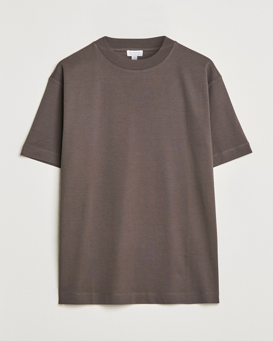 Herren | T-Shirts | Sunspel | Brushed Cotton Mock Neck Tee Dark Walnut