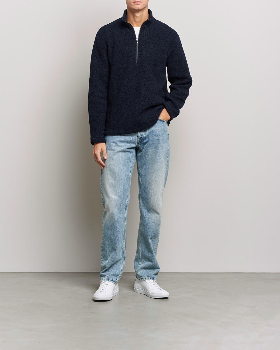 Herren | Pullover | Sunspel | Eco Wool Half Zip Fleece Navy