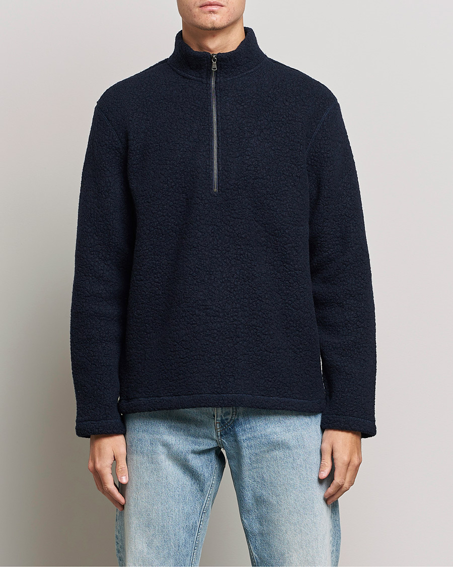 Herren | Pullover | Sunspel | Eco Wool Half Zip Fleece Navy