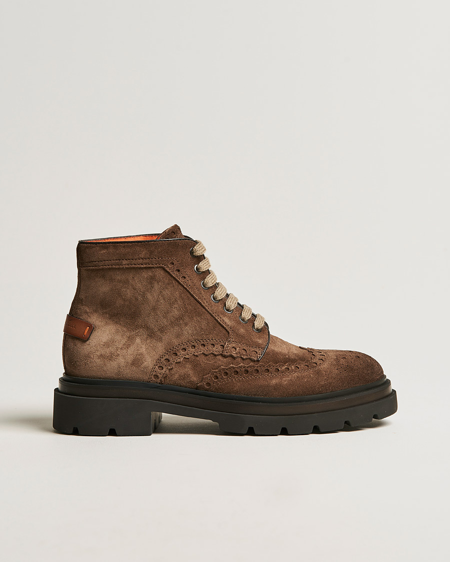 Herren | Santoni Brogue Winter Boot Dark Brown Suede | Santoni | Brogue Winter Boot Dark Brown Suede