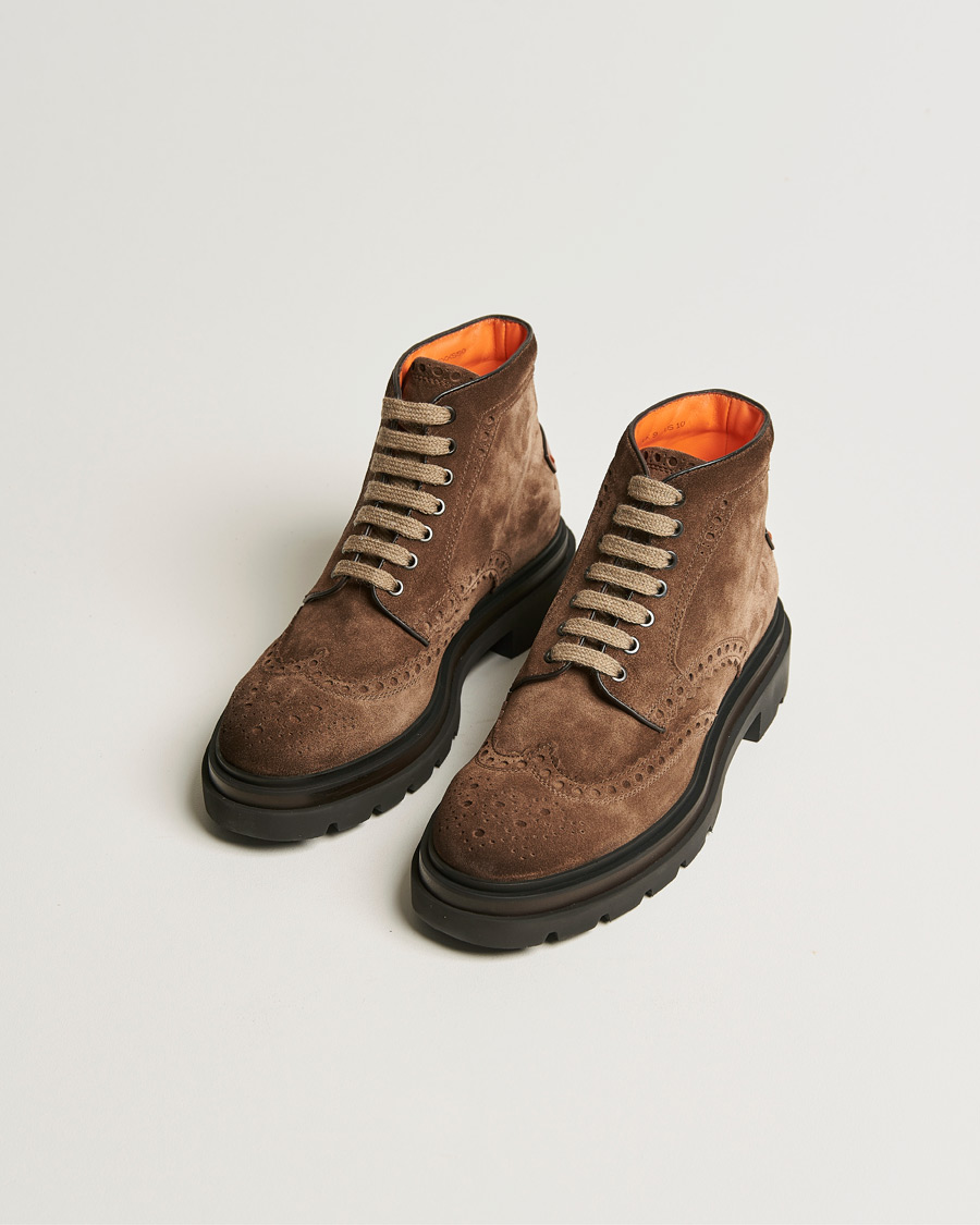 Herren | Santoni Brogue Winter Boot Dark Brown Suede | Santoni | Brogue Winter Boot Dark Brown Suede