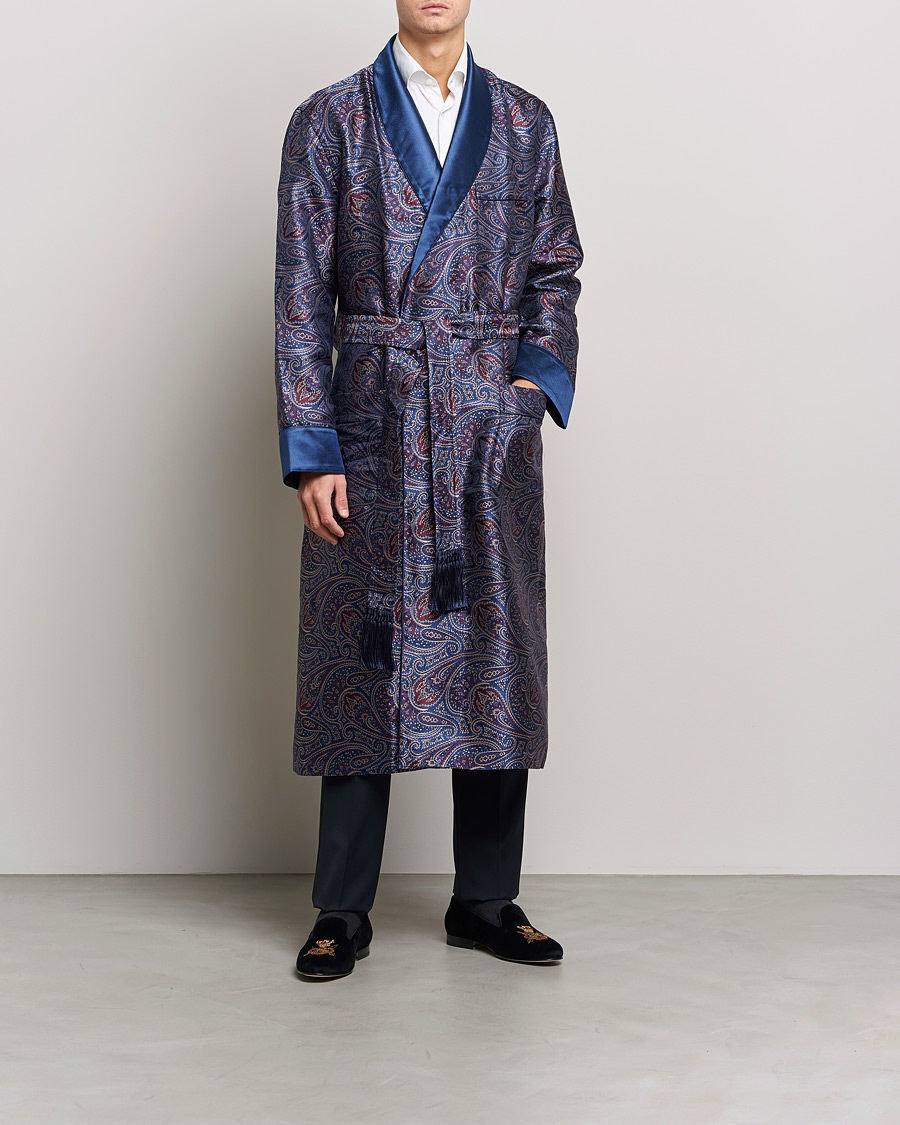 Herren | Schlafanzüge & Bademäntel | Derek Rose | Pure Silk Paisley Dressing Gown Navy