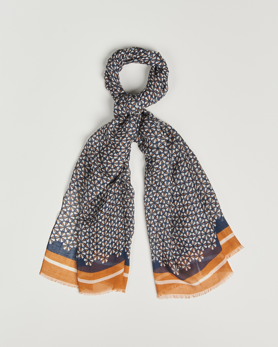 Herren | Altea Printed Linen Scarf Navy/Orange | Altea | Printed Linen Scarf Navy/Orange