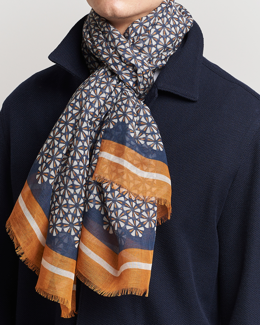Herren | Altea Printed Linen Scarf Navy/Orange | Altea | Printed Linen Scarf Navy/Orange