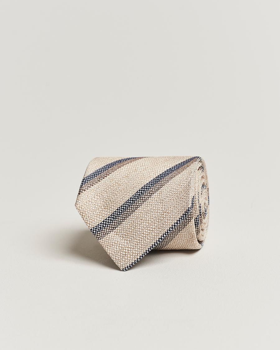 Herren | Amanda Christensen Silk/Linen Striped 8cm Tie Natural | Amanda Christensen | Silk/Linen Striped 8cm Tie Natural