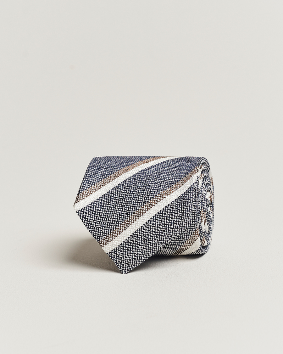 Herren | Amanda Christensen Silk/Linen Striped 8cm Tie Navy | Amanda Christensen | Silk/Linen Striped 8cm Tie Navy