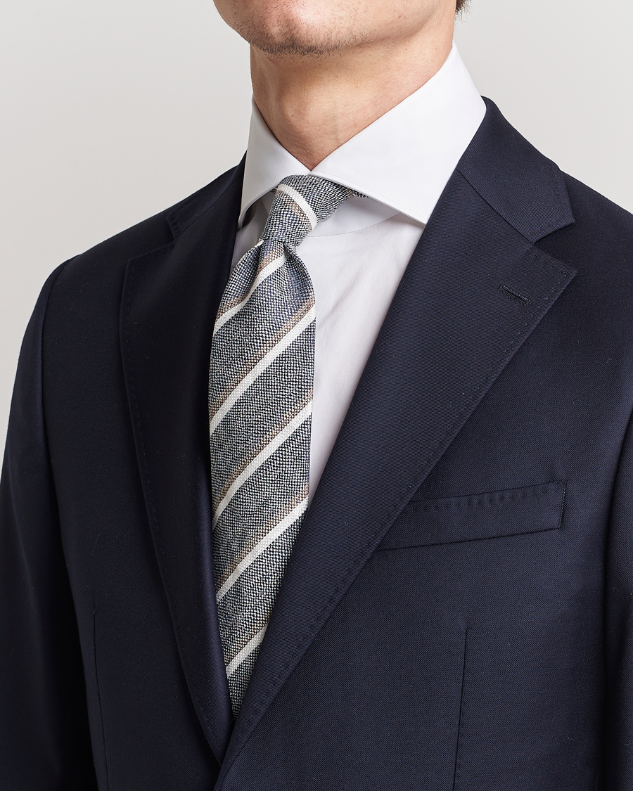 Herren | Amanda Christensen Silk/Linen Striped 8cm Tie Navy | Amanda Christensen | Silk/Linen Striped 8cm Tie Navy