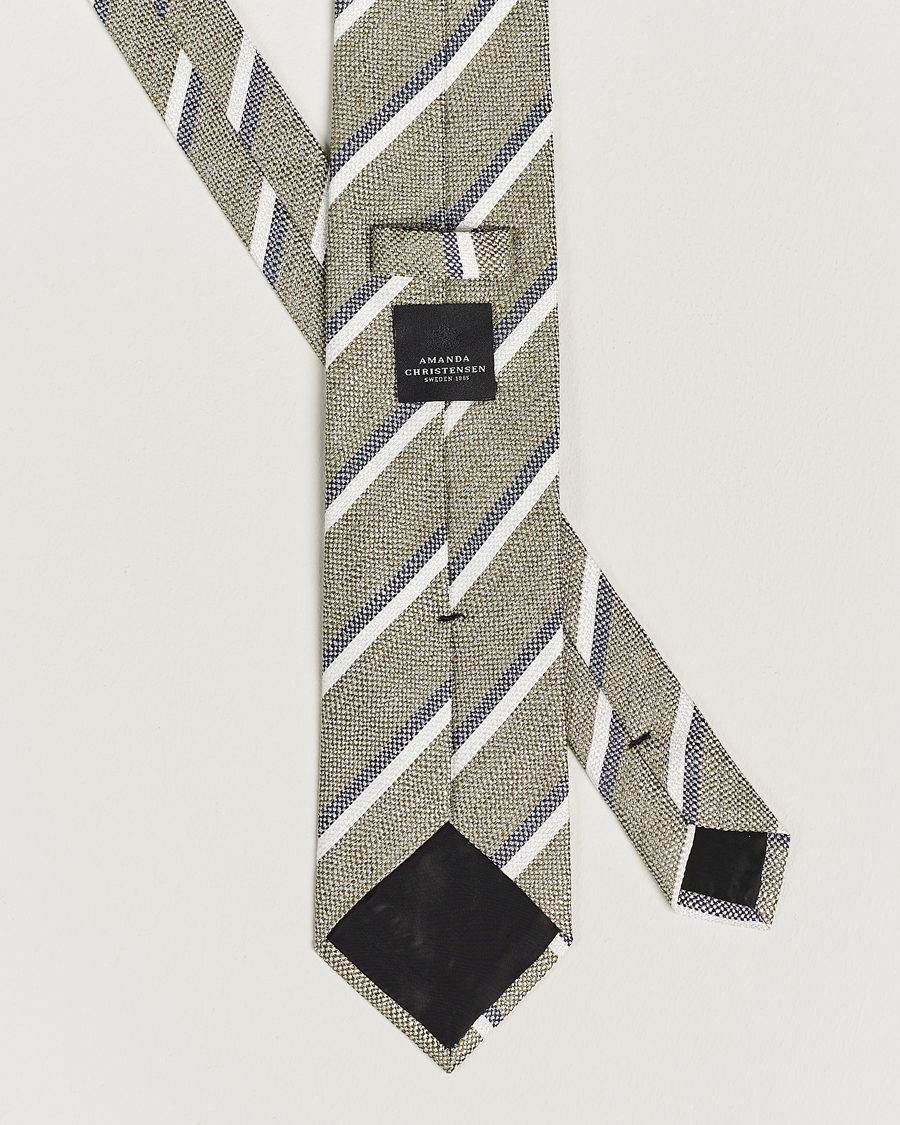 Herren | Amanda Christensen Silk/Linen Striped 8cm Tie Olive | Amanda Christensen | Silk/Linen Striped 8cm Tie Olive