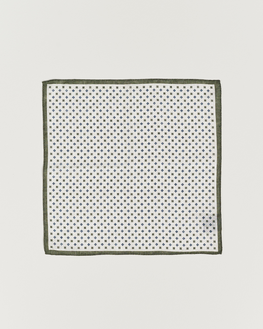 Herren | Amanda Christensen Linen Paspoal Printed Flower Pocket Square White/Green | Amanda Christensen | Linen Paspoal Printed Flower Pocket Square White/Green