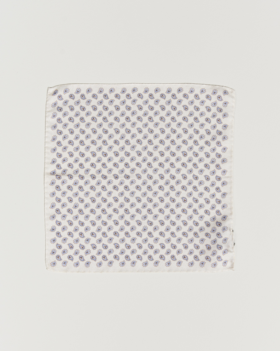 Herren | Amanda Christensen Silk Oxford Printed Paisley Pocket Square White | Amanda Christensen | Silk Oxford Printed Paisley Pocket Square White