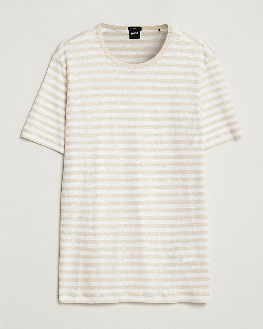 Herren | T-Shirts | BOSS BLACK | Tiburt Striped Linen Crew Neck T-Shirt Open White