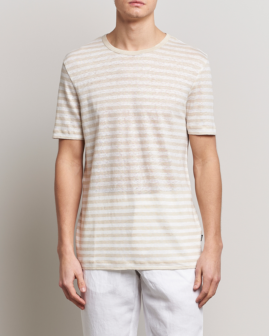 Herren | T-Shirts | BOSS BLACK | Tiburt Striped Linen Crew Neck T-Shirt Open White
