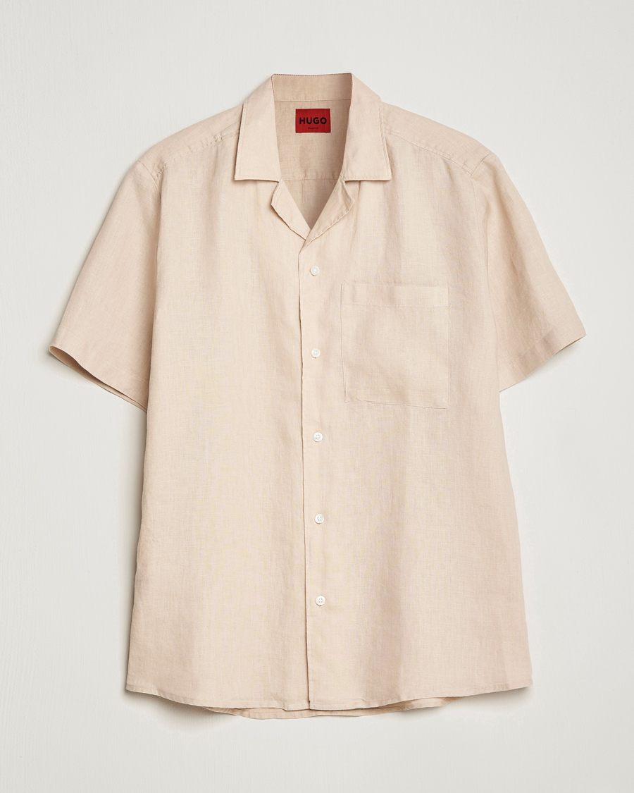 Herren | Hemden | HUGO | Ellino Linen Resort Collar Short Sleeve Shirt Beige