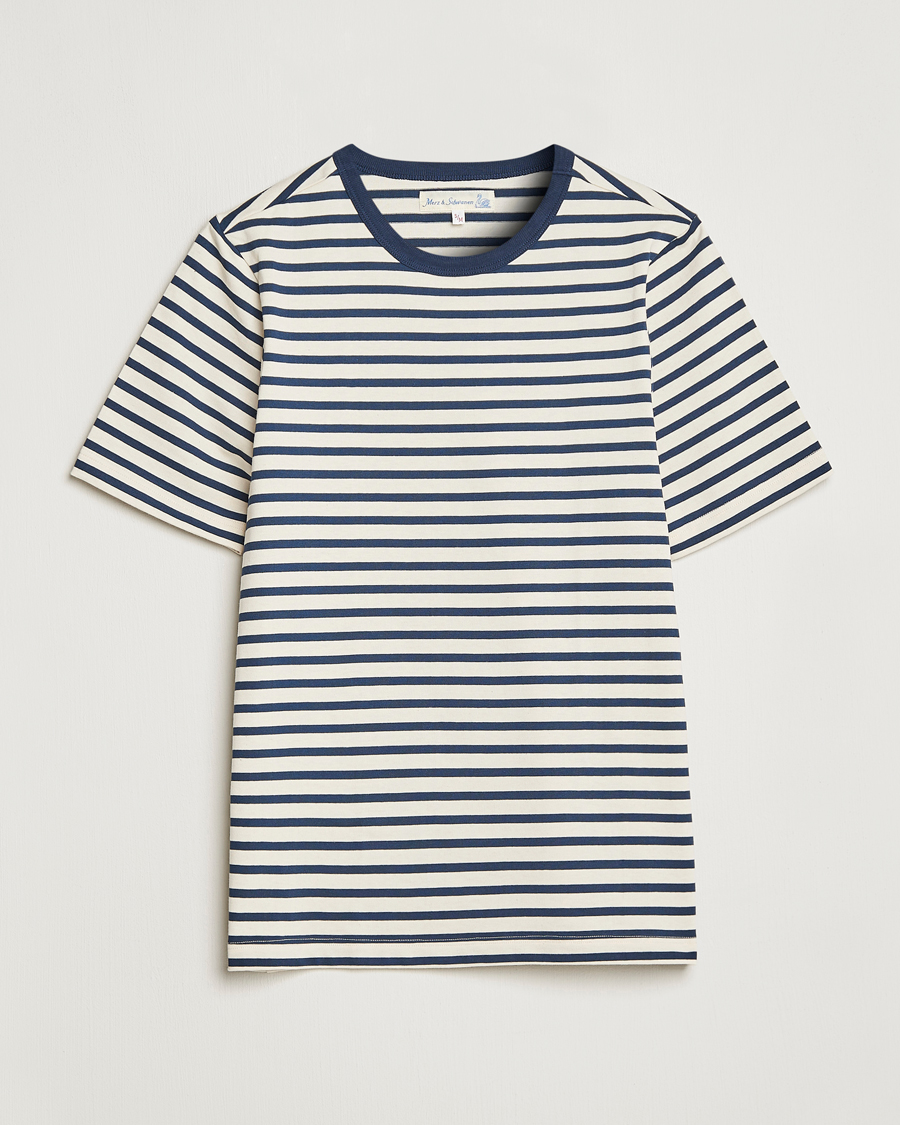 Herren | T-Shirts | Merz b. Schwanen | Relaxed Fit Striped Sturdy T-Shirt Ink/Nature