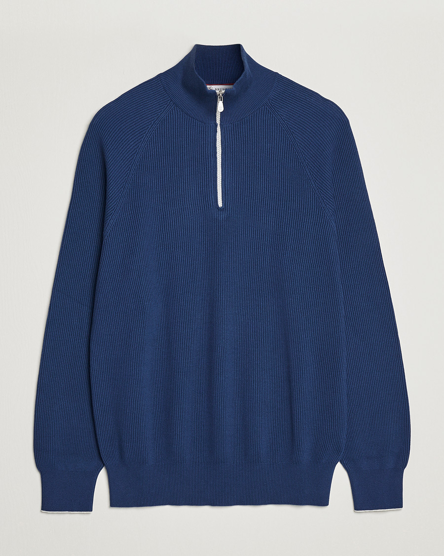 Herren | Pullover | Brunello Cucinelli | Rib Stitch Half Zip Ocean Blue
