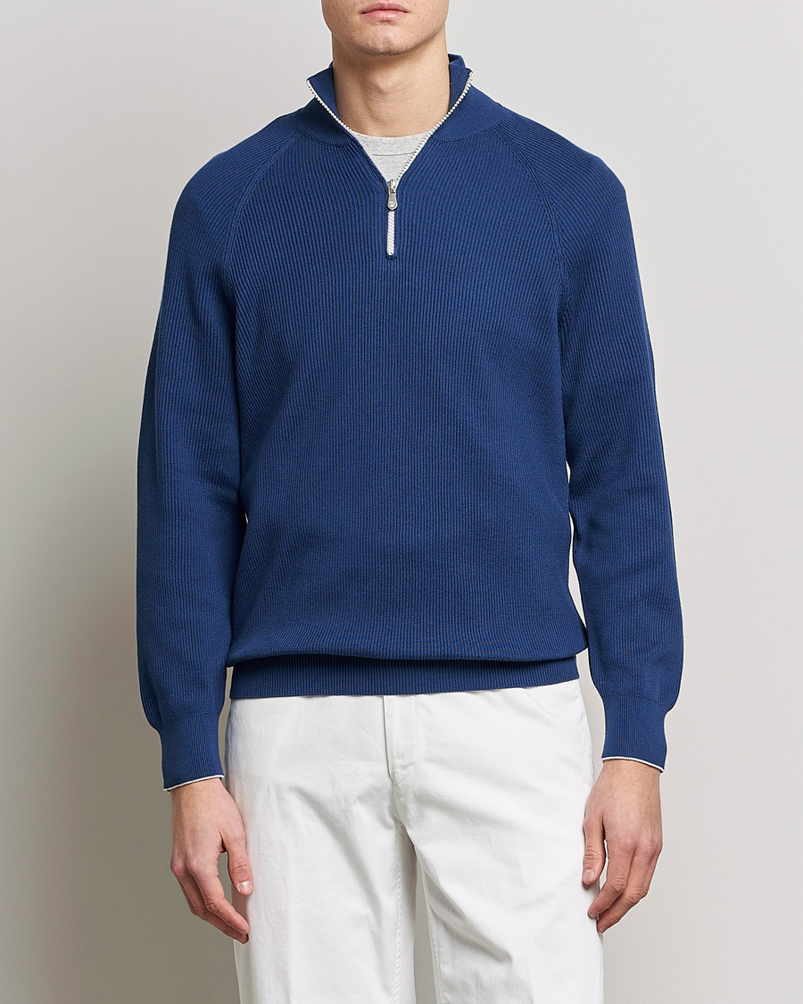 Herren | Pullover | Brunello Cucinelli | Rib Stitch Half Zip Ocean Blue
