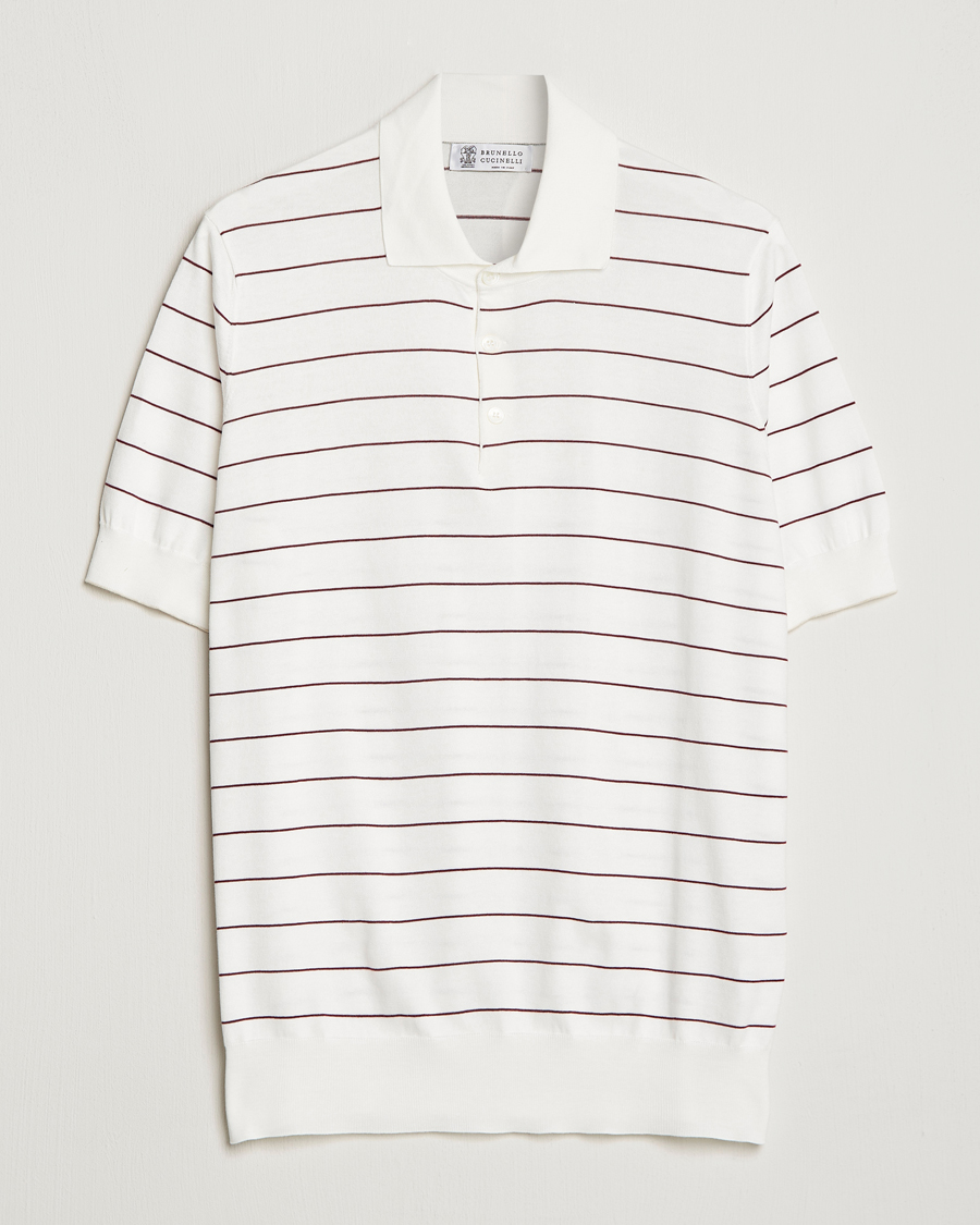 Herren | Poloshirts | Brunello Cucinelli | Short Sleeve Striped Knitted Polo White/Burgundy