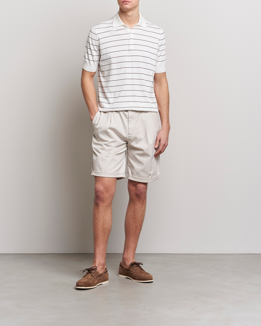 Herren | Poloshirts | Brunello Cucinelli | Short Sleeve Striped Knitted Polo White/Burgundy