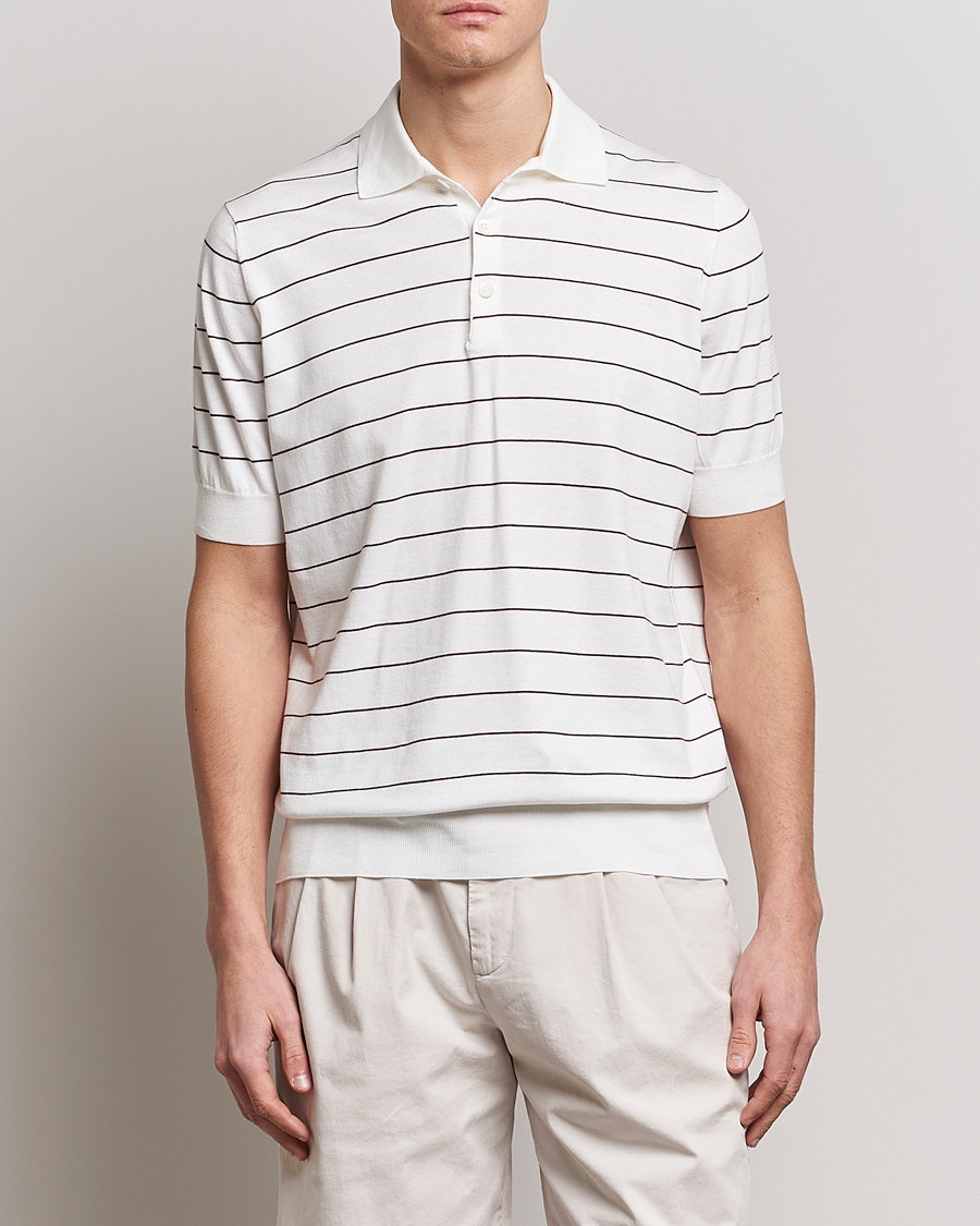 Herren | Poloshirts | Brunello Cucinelli | Short Sleeve Striped Knitted Polo White/Burgundy