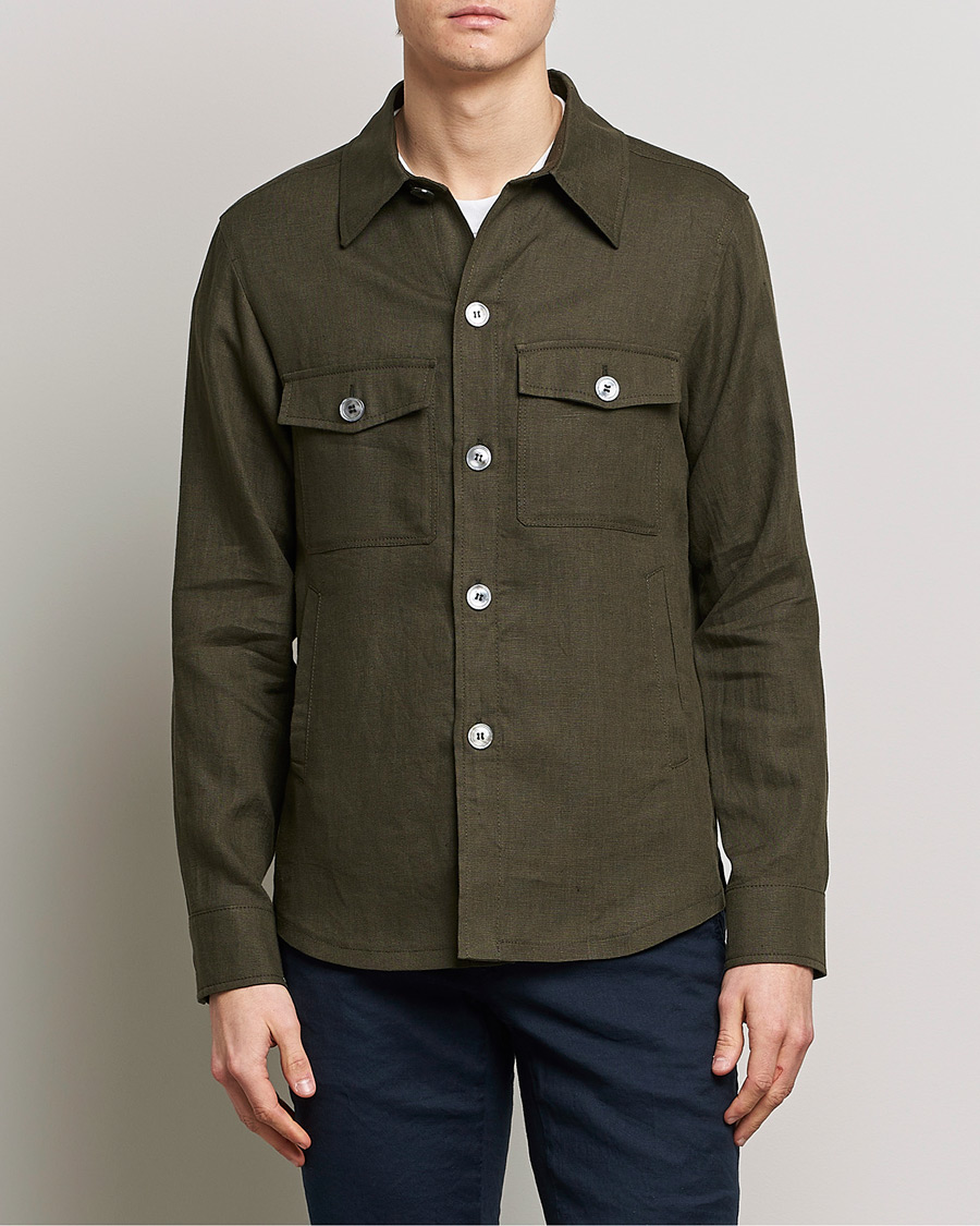 Herren | Frühlingsjacken | Oscar Jacobson | Maverick Linen Shirt Jacket Olive