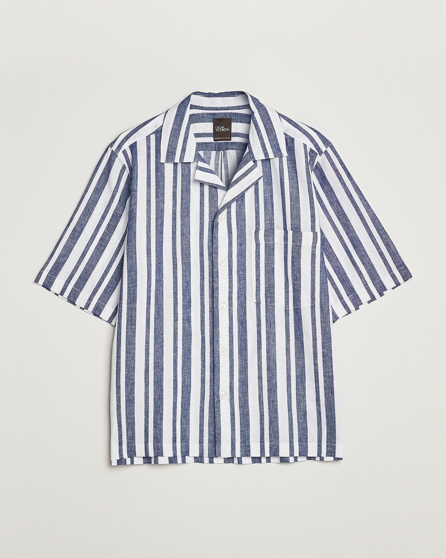 Herren | Hemden | Oscar Jacobson | Cuban Short Sleeve Riviera Stripe Shirt White