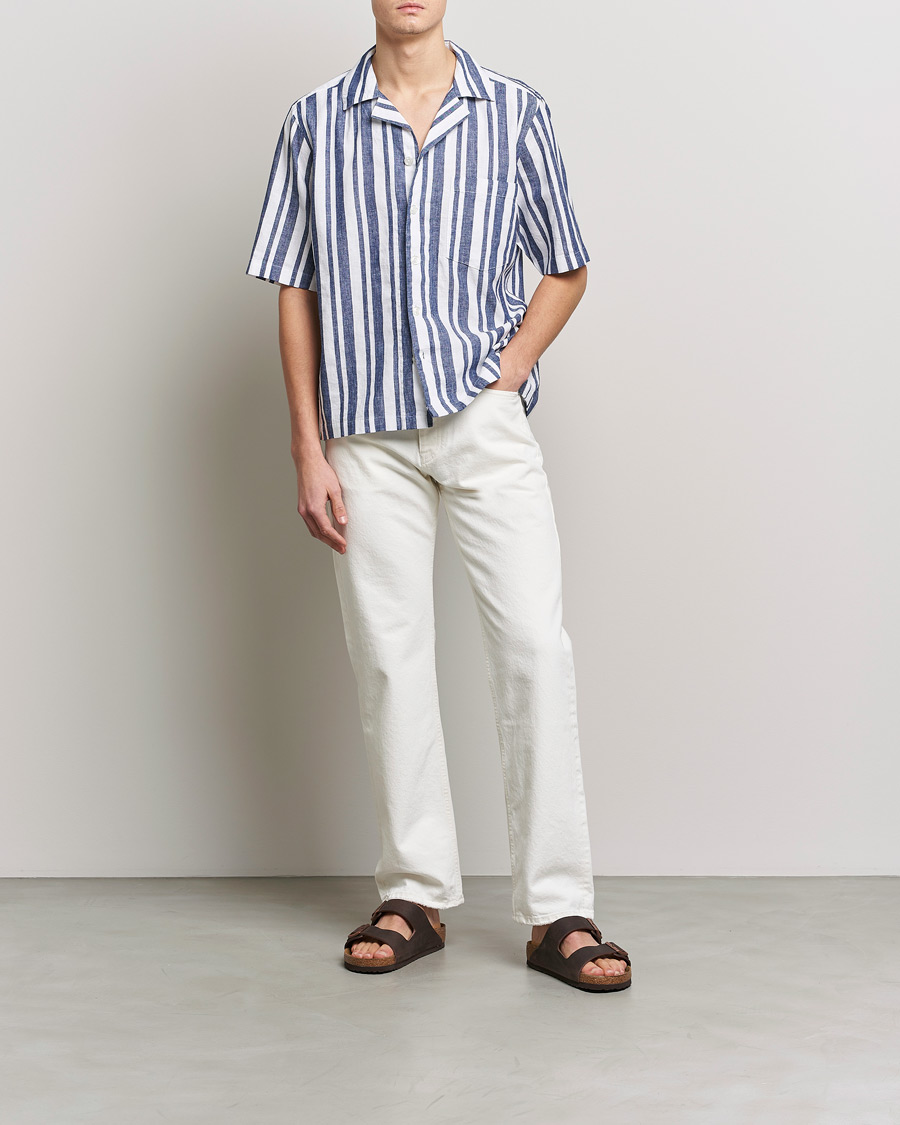 Herren | Hemden | Oscar Jacobson | Cuban Short Sleeve Riviera Stripe Shirt White