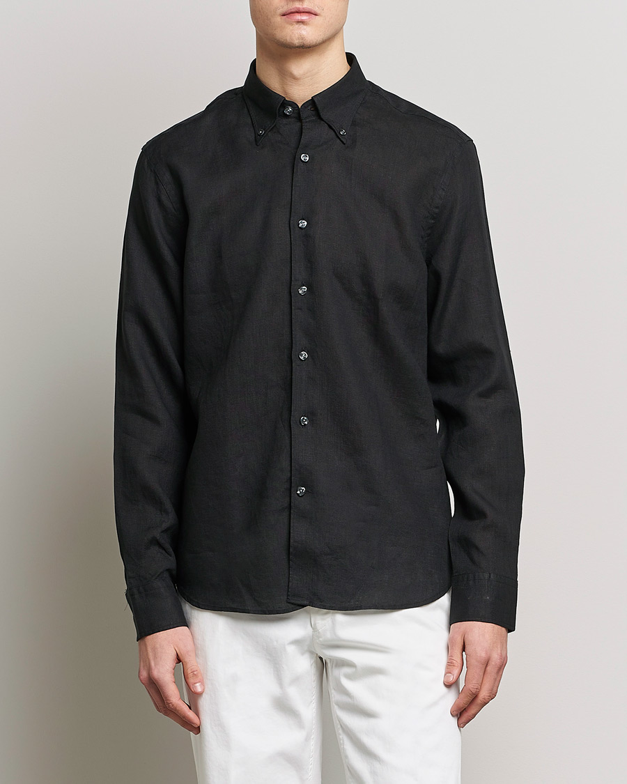 Herren | Freizeithemden | Oscar Jacobson | Regular Fit Button Down Linen Shirt Black