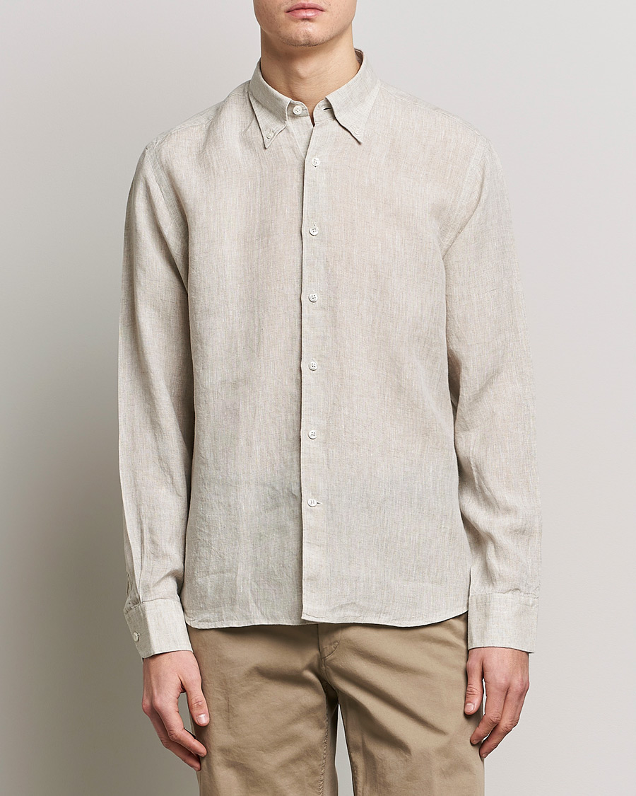 Herren | Hemden | Oscar Jacobson | Regular Fit Button Down Linen Shirt Beige