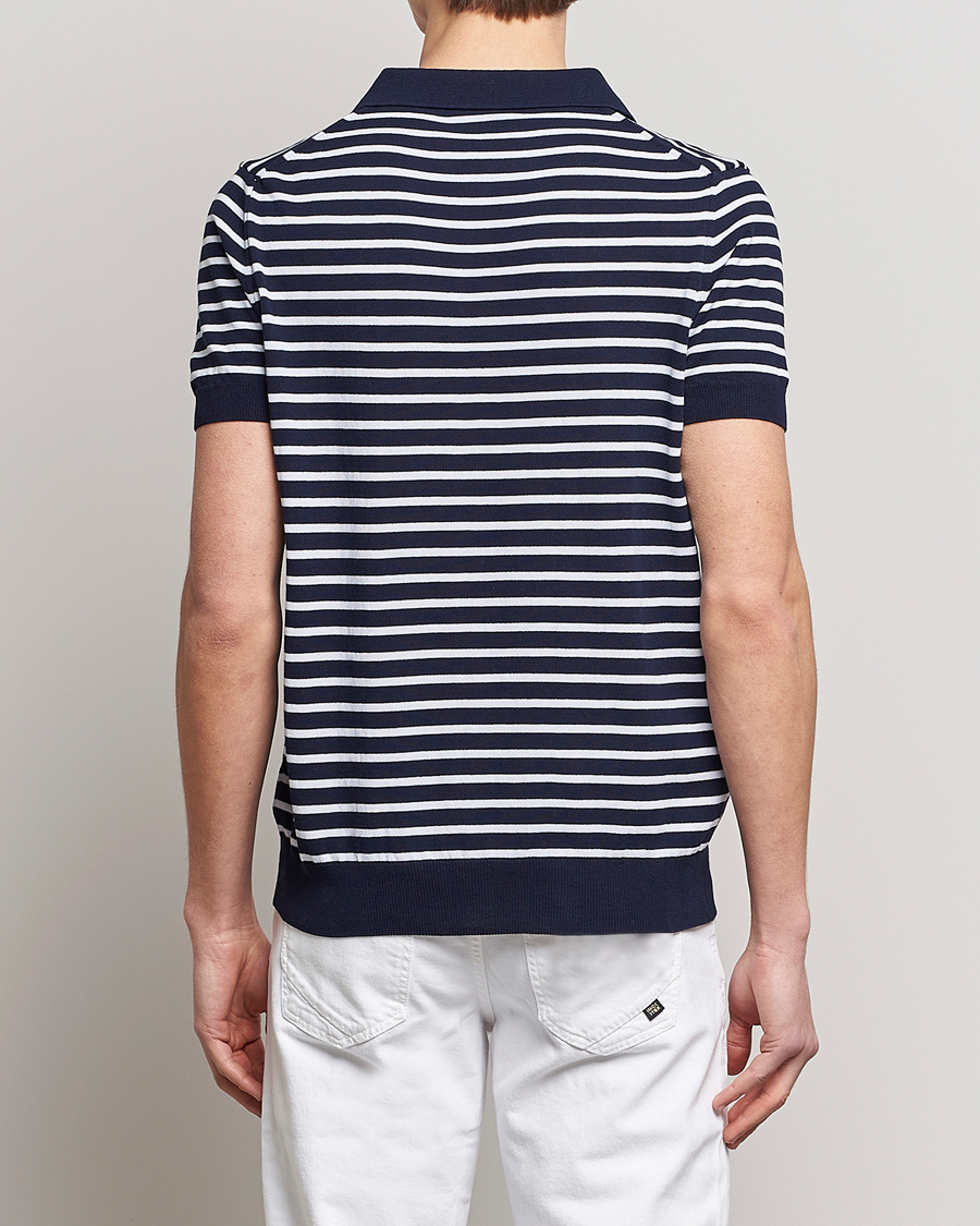 Herren | Poloshirts | Oscar Jacobson | Devon Short Sleeve Striped Cotton Polo White/Blue