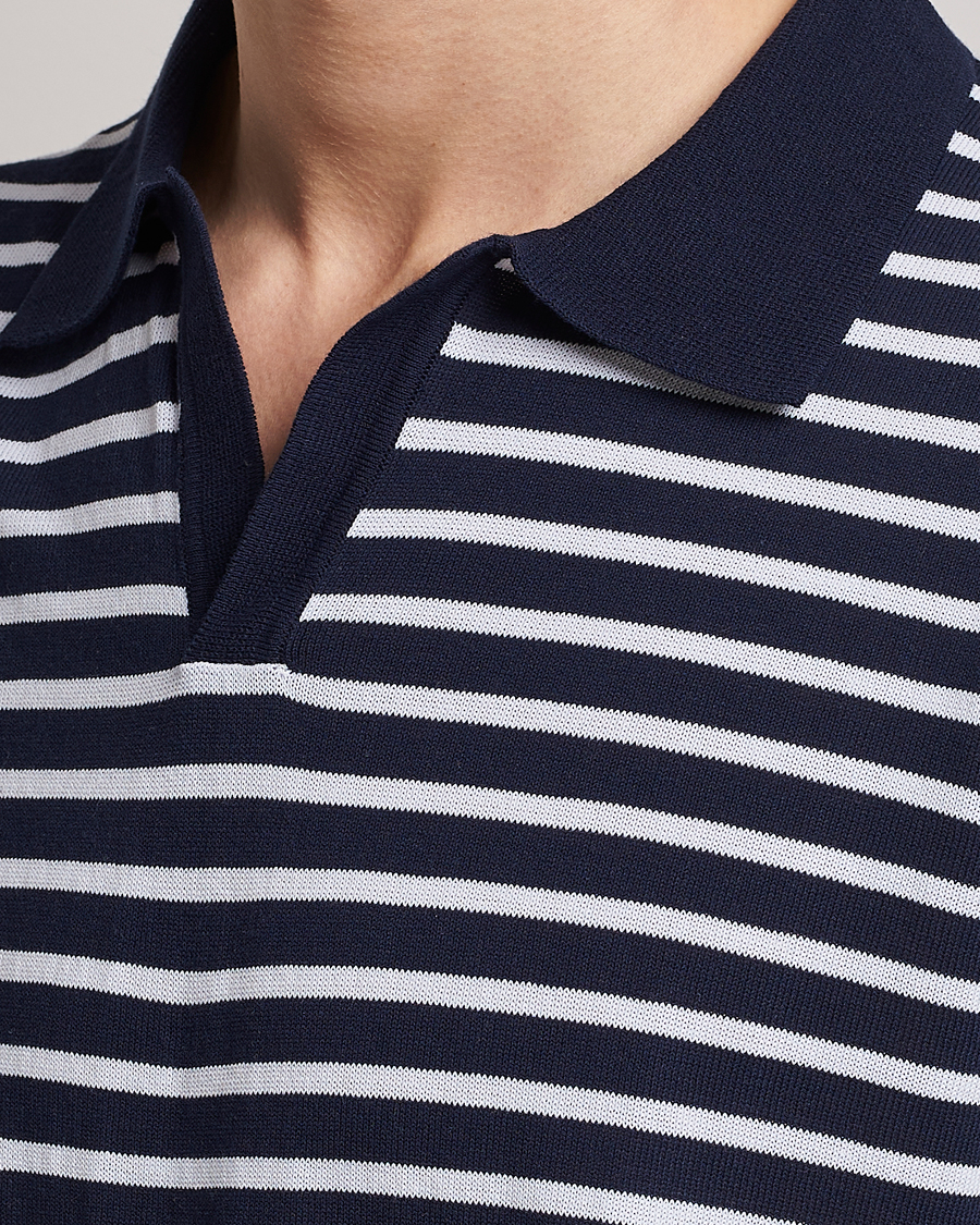 Herren | Poloshirts | Oscar Jacobson | Devon Short Sleeve Striped Cotton Polo White/Blue